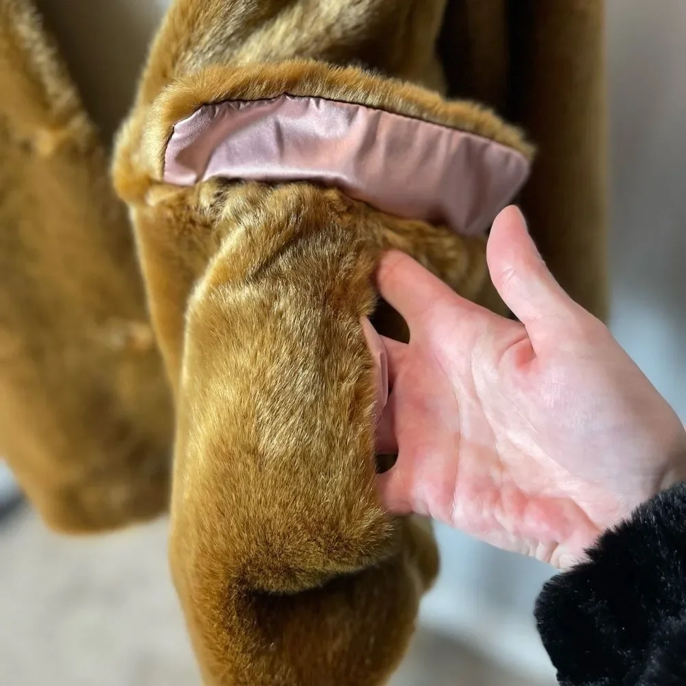 Kate Spade Caramel Brown Faux Mink Fur Coat with Silky Pink Lining SZ L NWT